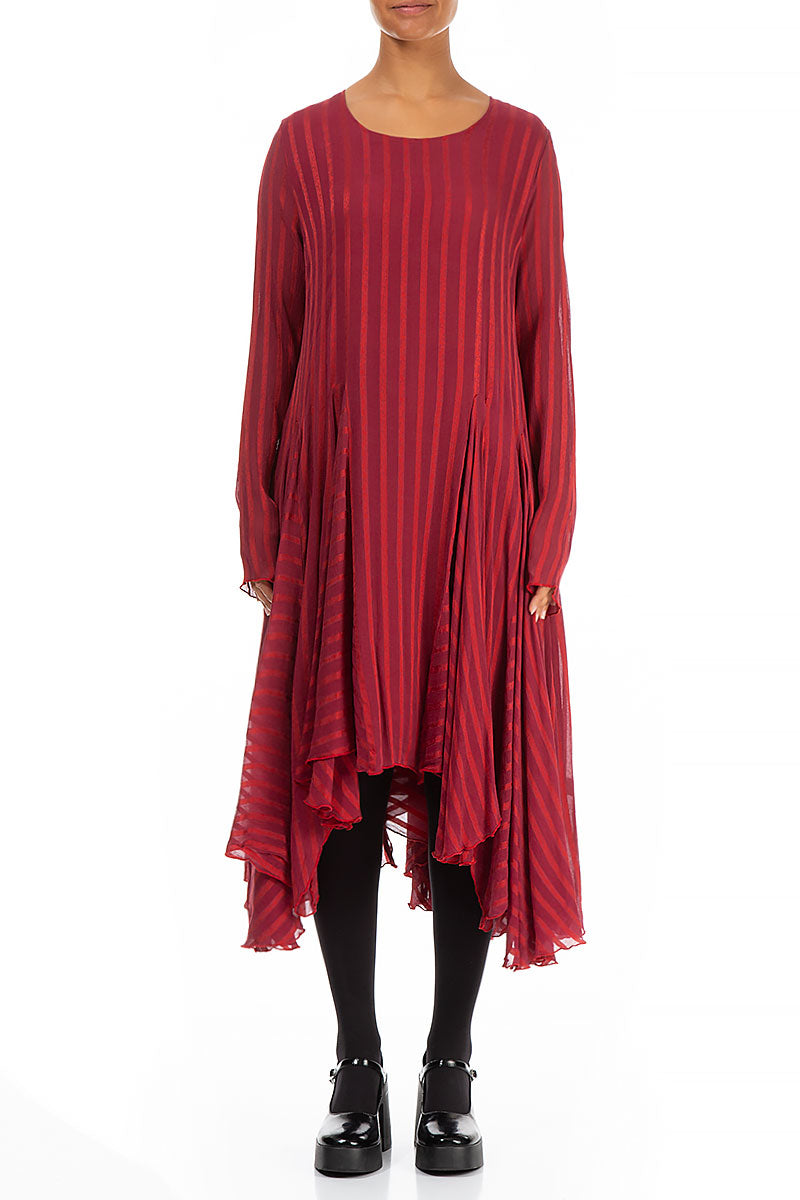 Flared Striped Red Silk Rayon Dress 1