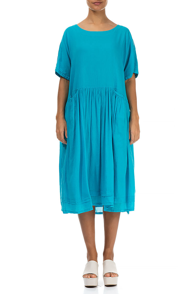 Flared Two Pockets Bright Turquoise Silk Cotton Dress