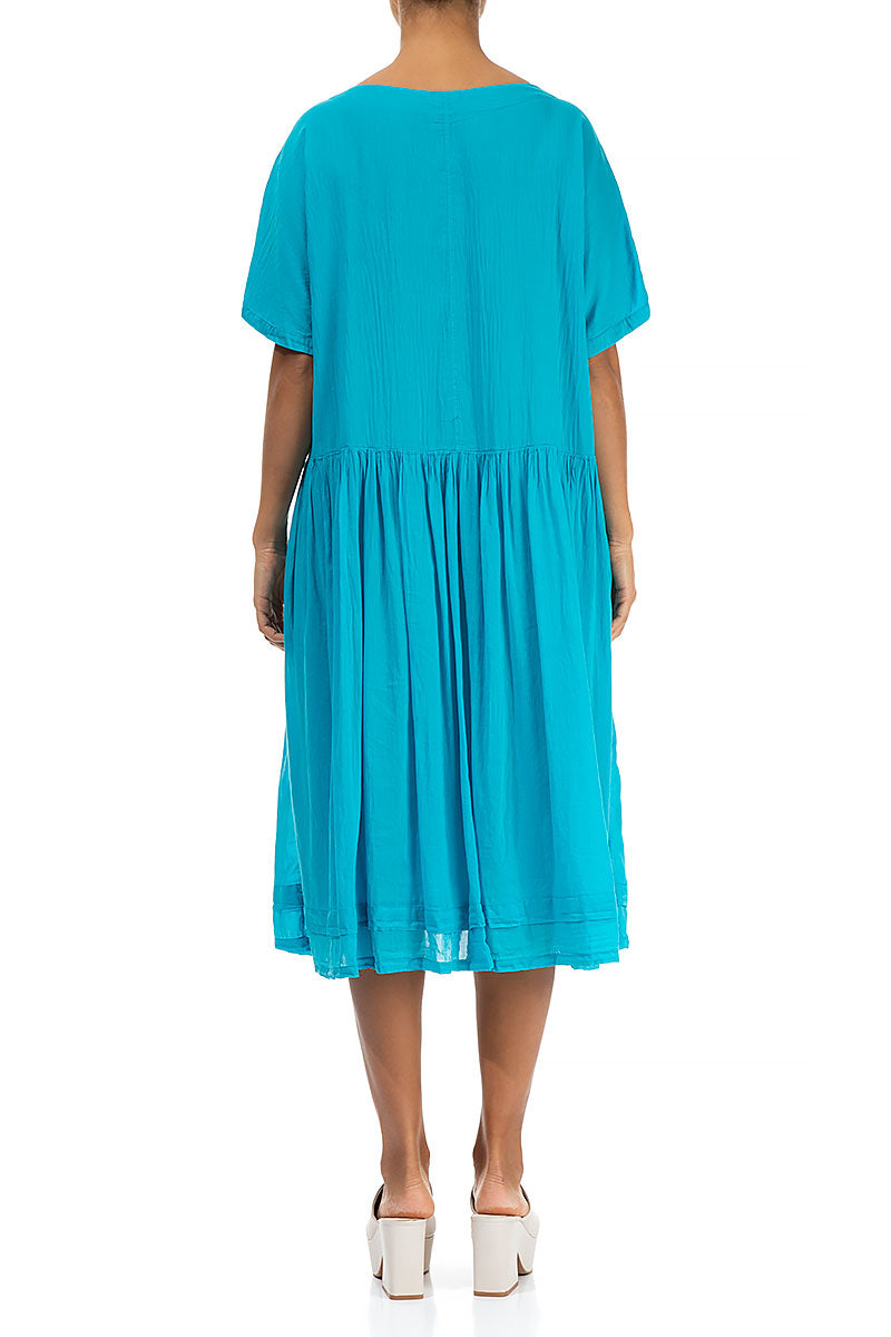 Flared Two Pockets Bright Turquoise Silk Cotton Dress