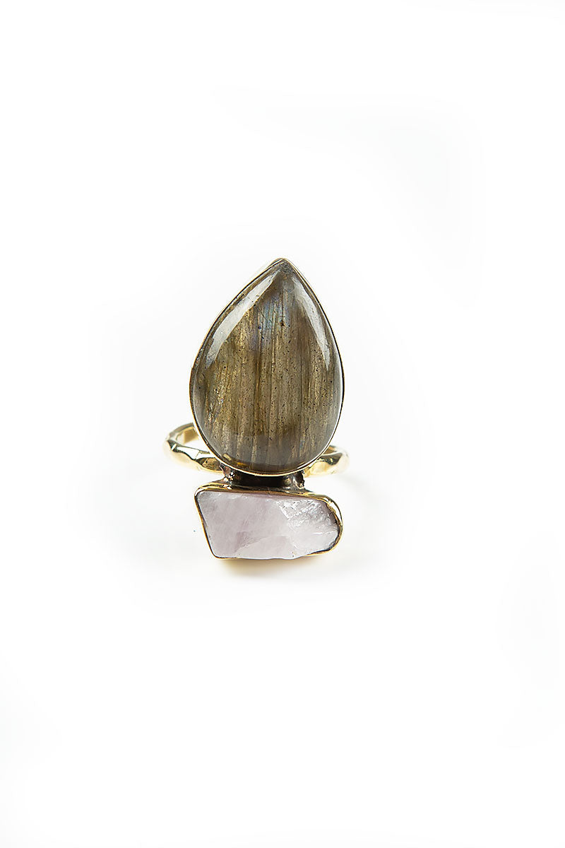 Drop Kunzite Labradorite Crystal Ring