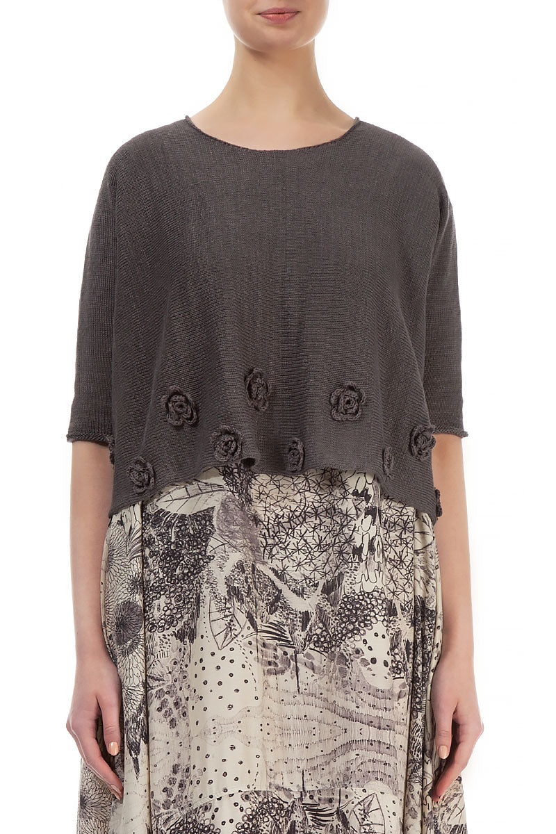 Flowers Decorated Brown Linen Jumper
