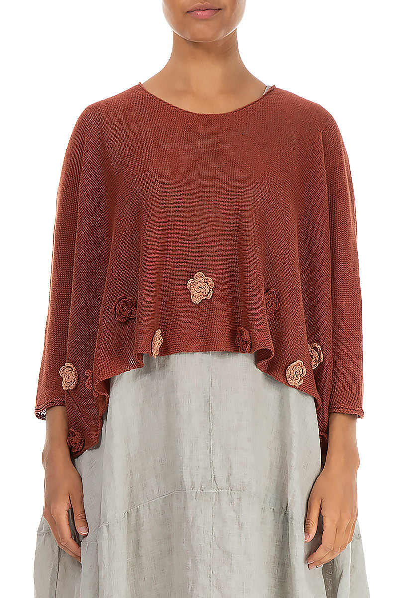 Two Shade Flowers Decorated Chestnut Linen Jumper