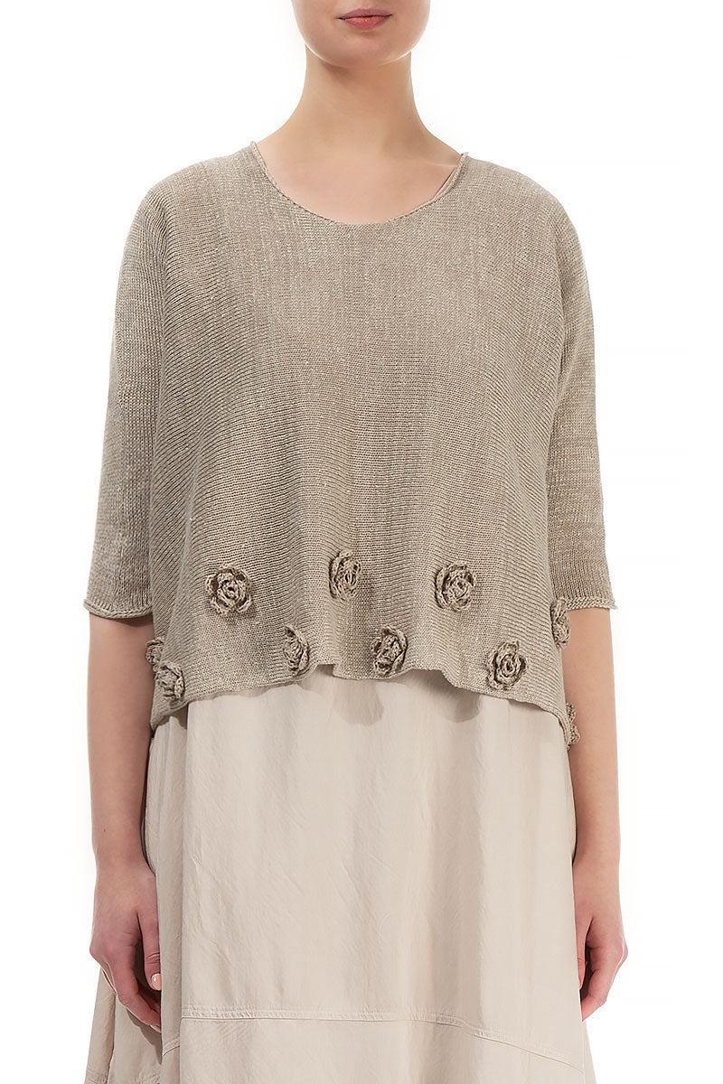 Flowers Decorated Natural Linen Jumper