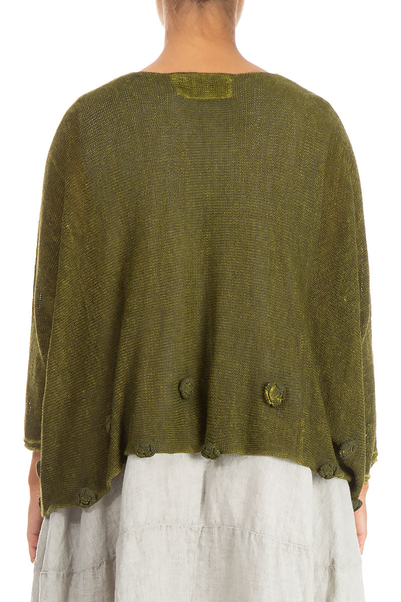 Flowers Decorated Washed Effect Olive Linen Jumper