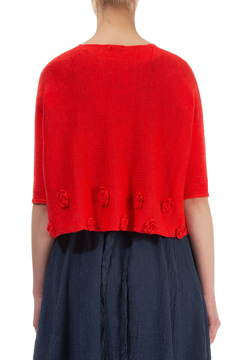 Flowers Decorated Red Linen Jumper