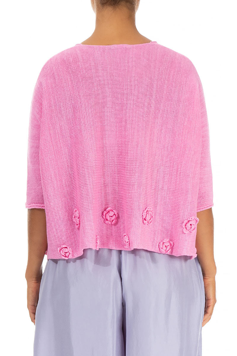 Flowers Decorated Taffy Pink Linen Jumper