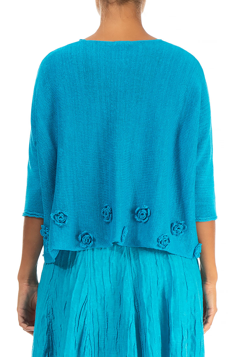 Flowers Decorated Turquoise Linen Jumper