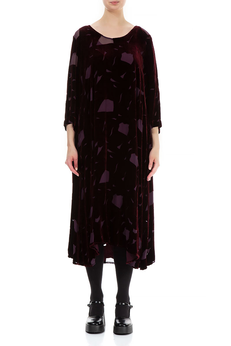 Flowy Abstract Devoré Wine Silk Velvet Midi Dress
