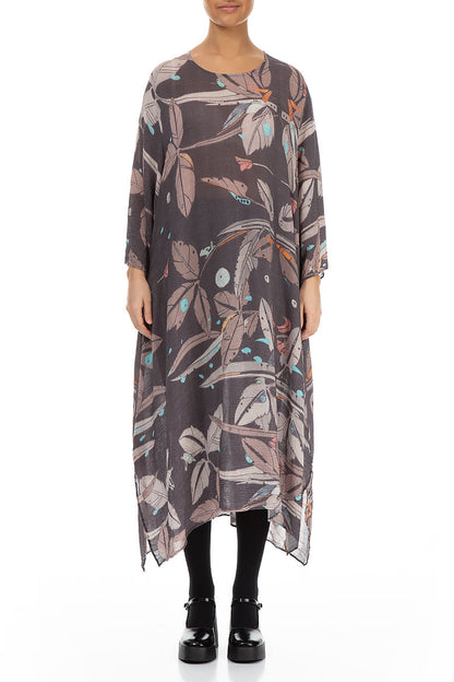 Loose Crinkled Leaves Print Silk Viscose Dress 1
