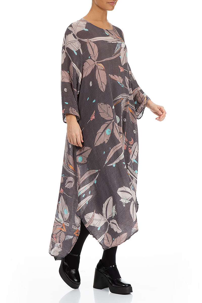 Loose Crinkled Leaves Print Silk Viscose Dress 3