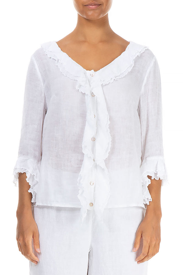 Frilled White Gauze Linen Blouse 1