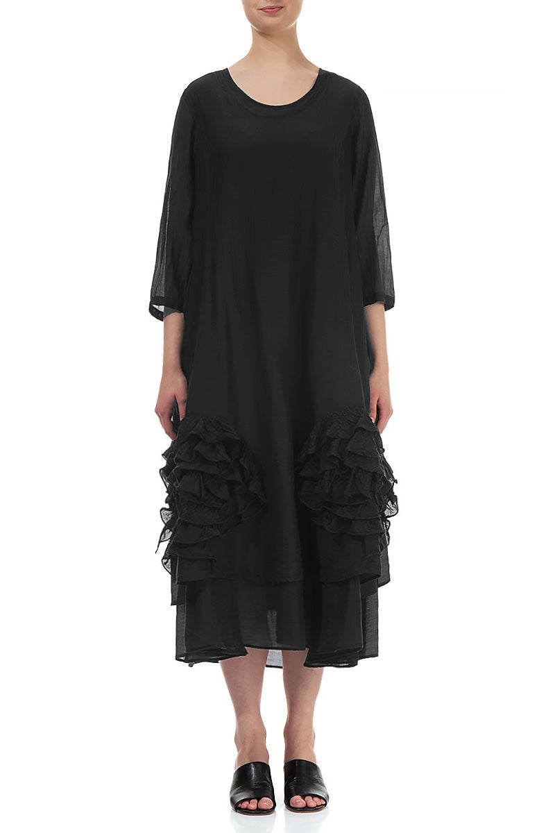 Frilly Flower Black Silk Cotton Dress