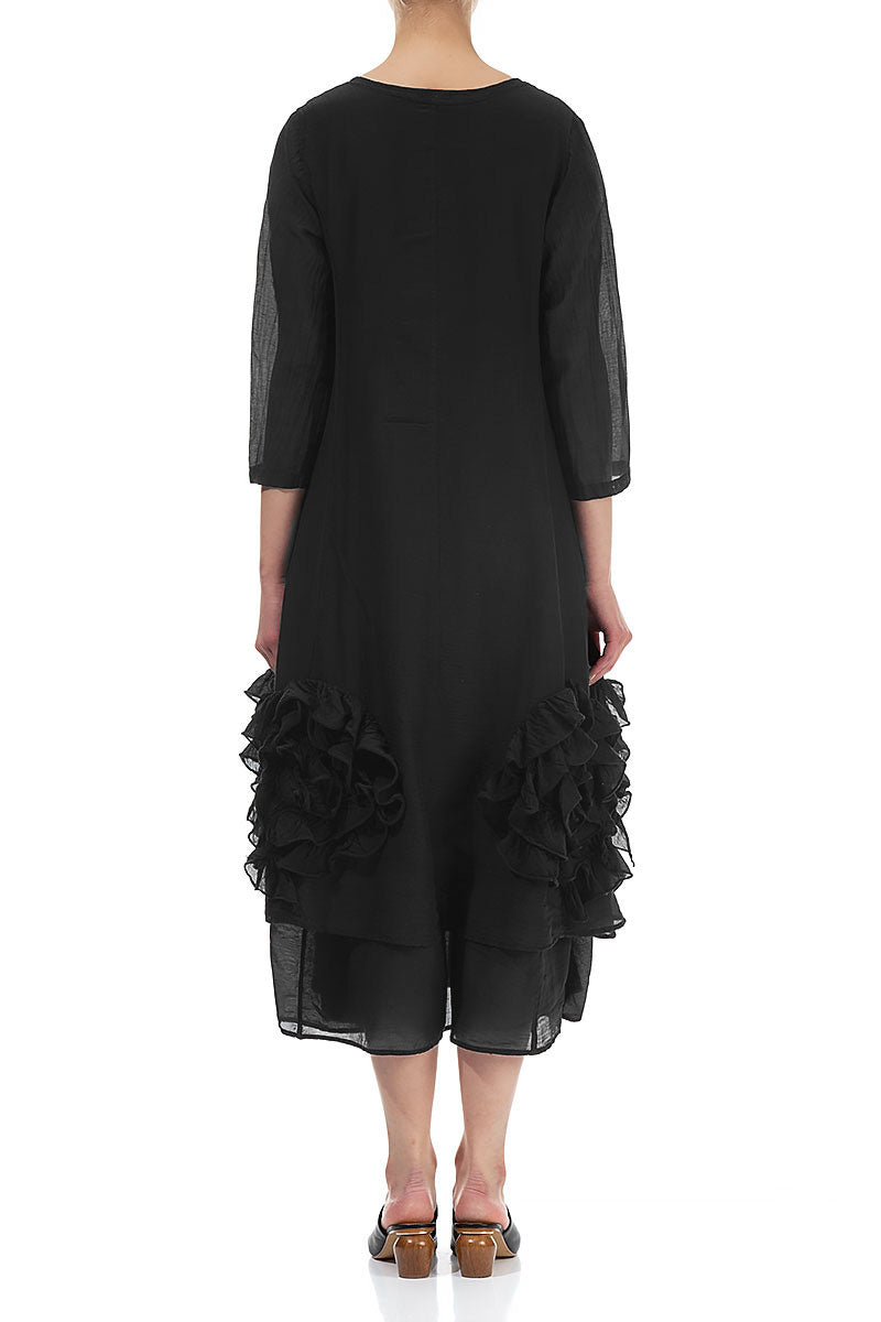 Frilly Flower Black Silk Cotton Dress