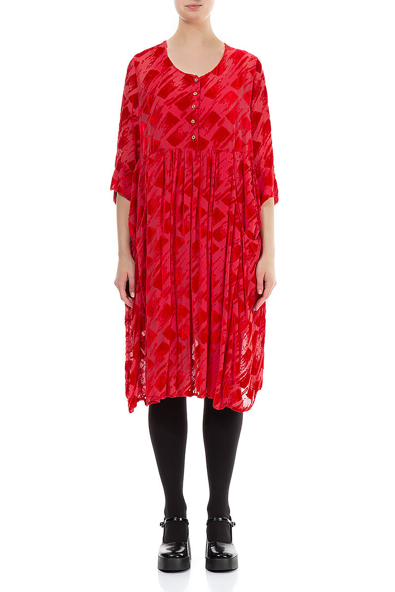 Front Buttons Flared Devoré Red Silk Velvet Dress