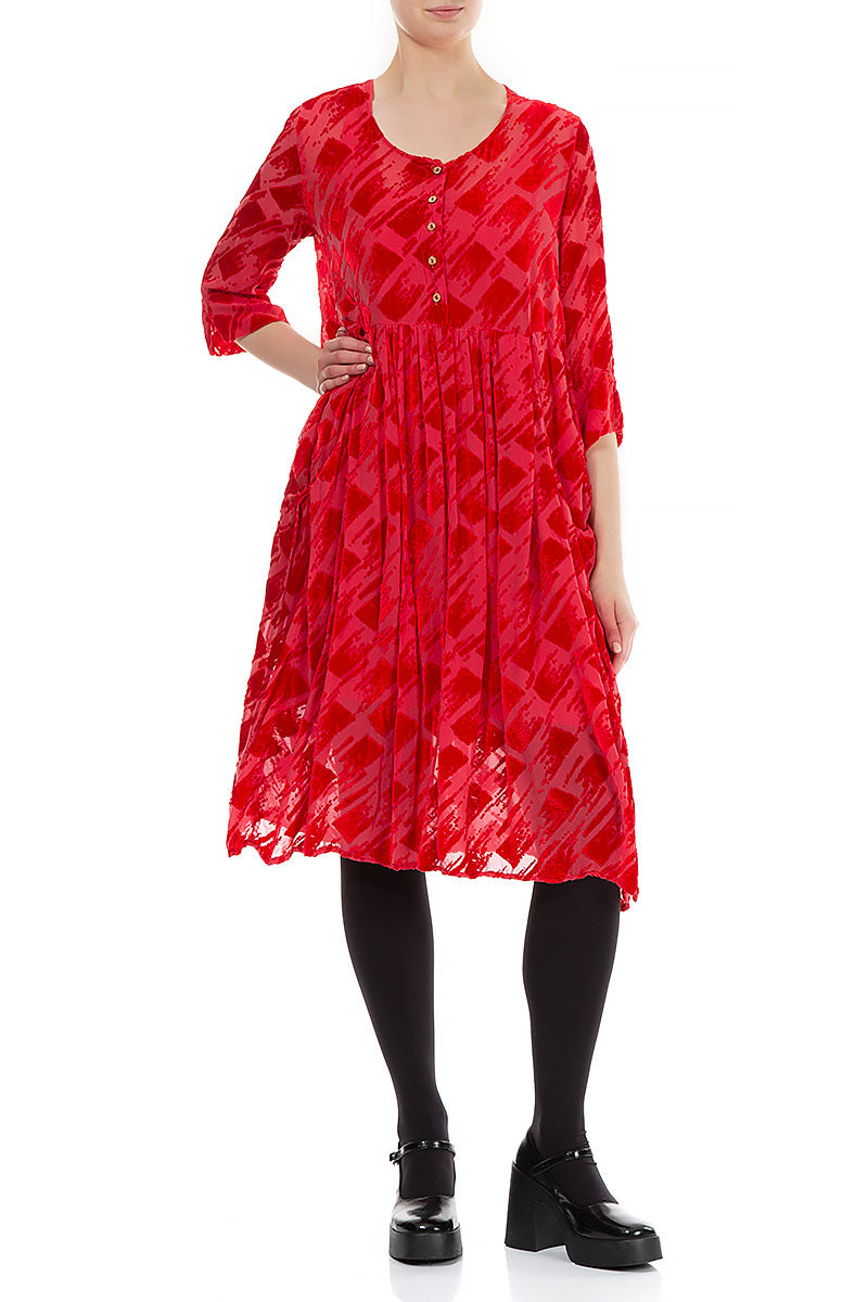 Front Buttons Flared Devoré Red Silk Velvet Dress