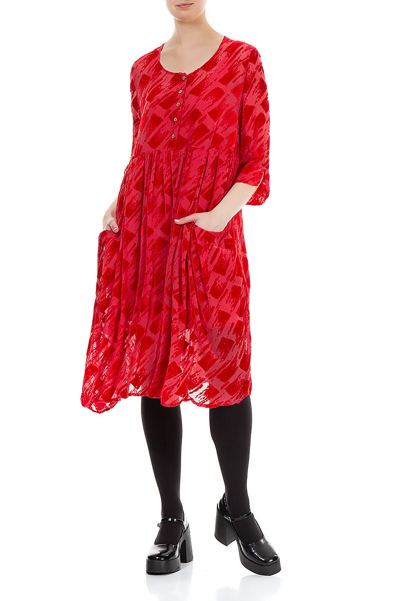 Front Buttons Flared Devoré Red Silk Velvet Dress