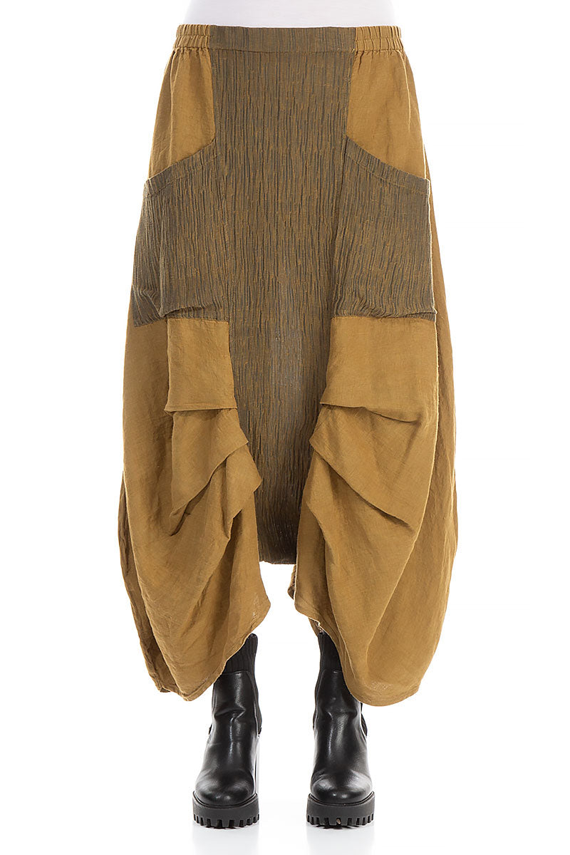 Front Pleats Crinkled Khaki Mustard Midi Trousers