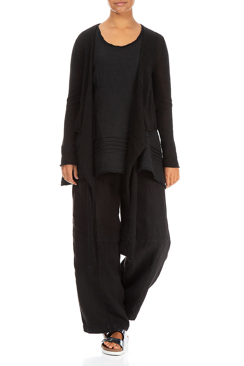 Front Tie Black Linen Cardigan