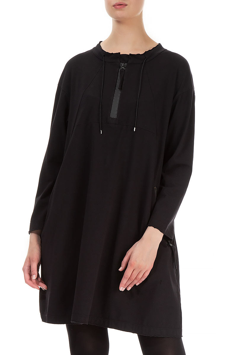 Front Zipper Black Cotton Tunic Dress grizas