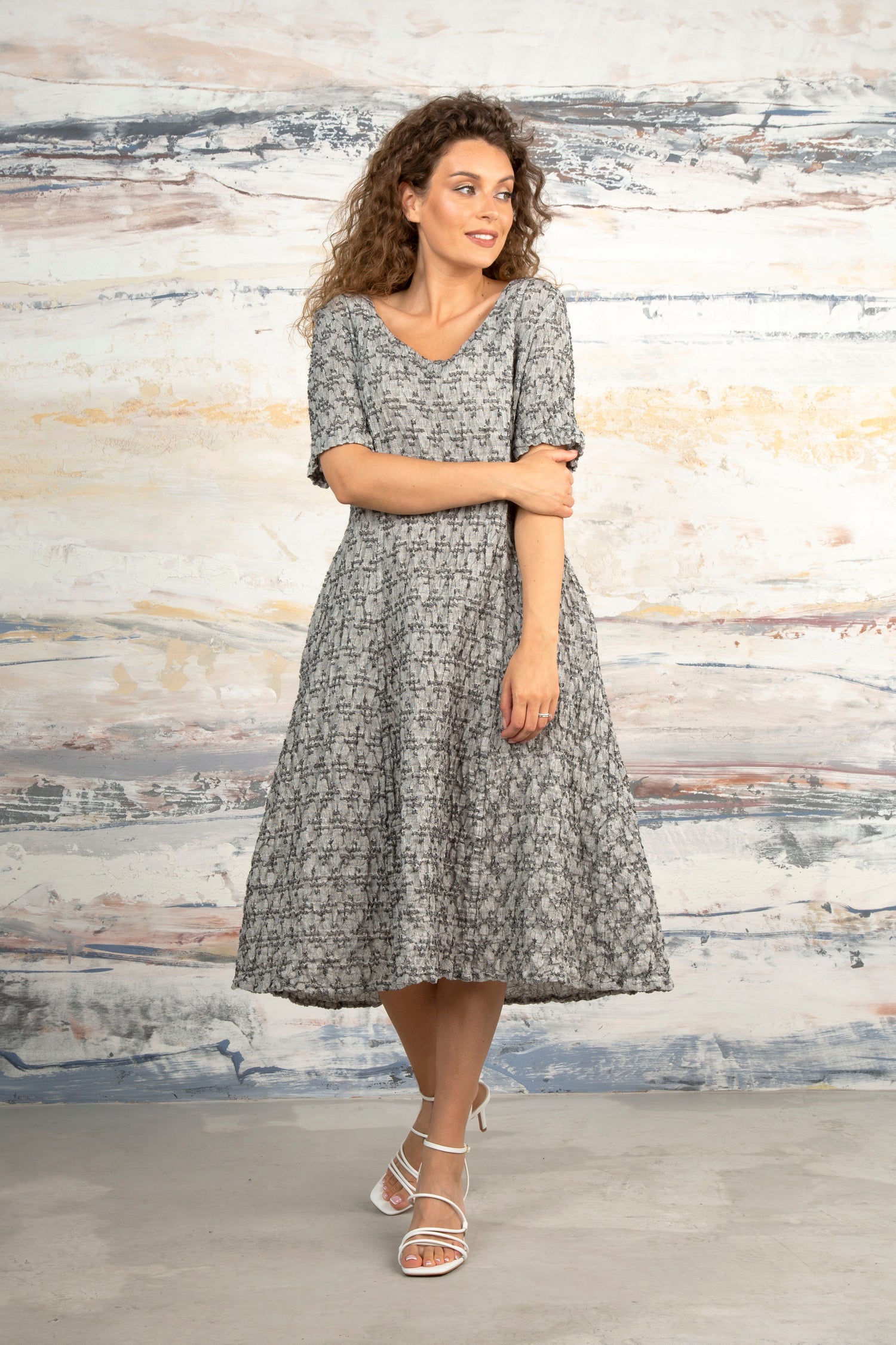 Geometric Texture Grey Linen Dress –