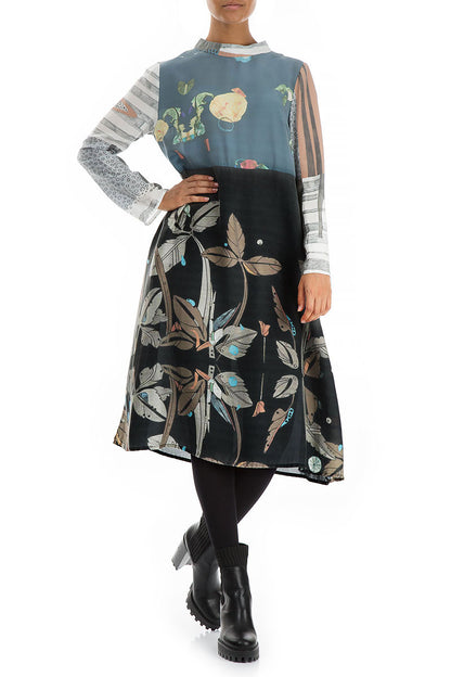 High Neck Mixed Prints Pure Silk Dress 5
