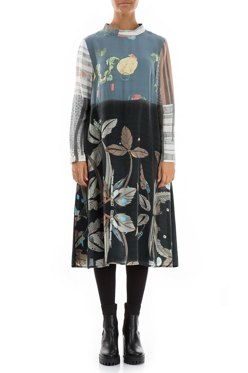 High Neck Mixed Prints Pure Silk Dress 1