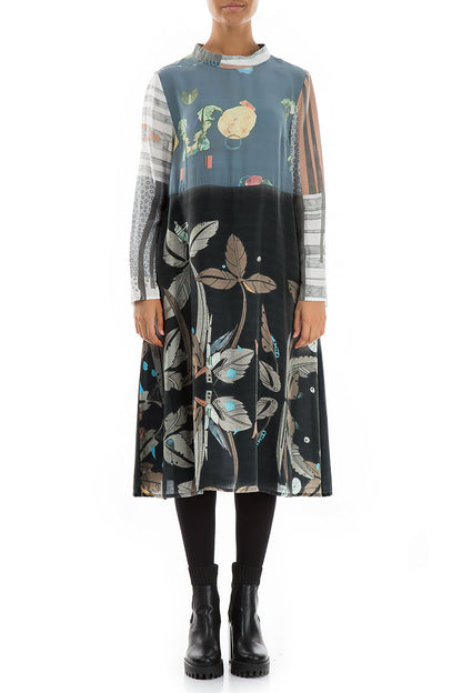 High Neck Mixed Prints Pure Silk Dress 1