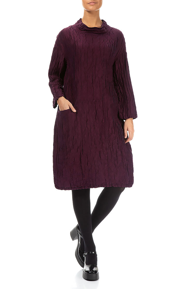 High Neck Aubergine Crinkled Silk Linen Dress 4