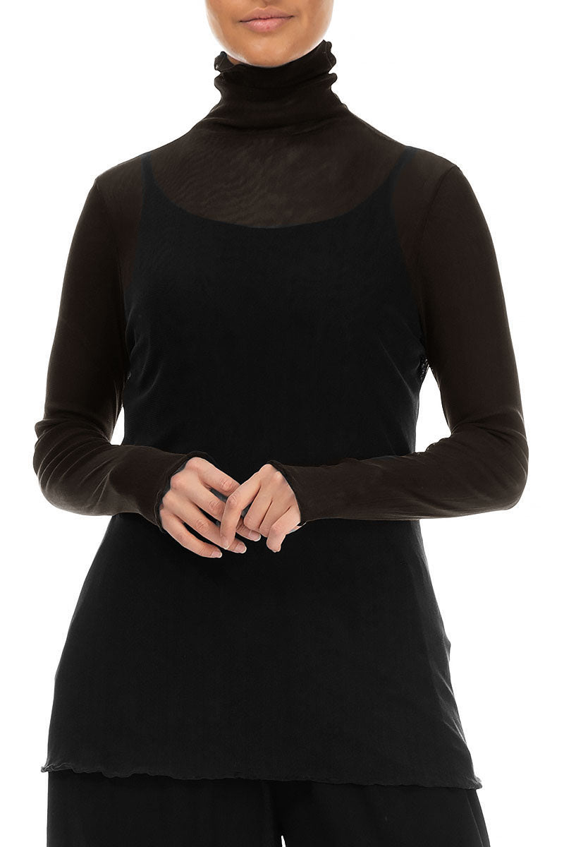 High Neck Fitted Black Tulle Silk Blouse