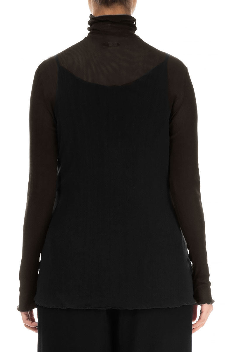 High Neck Fitted Black Tulle Silk Blouse
