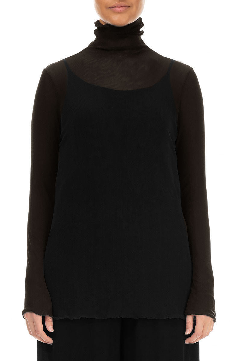High Neck Fitted Black Tulle Silk Blouse