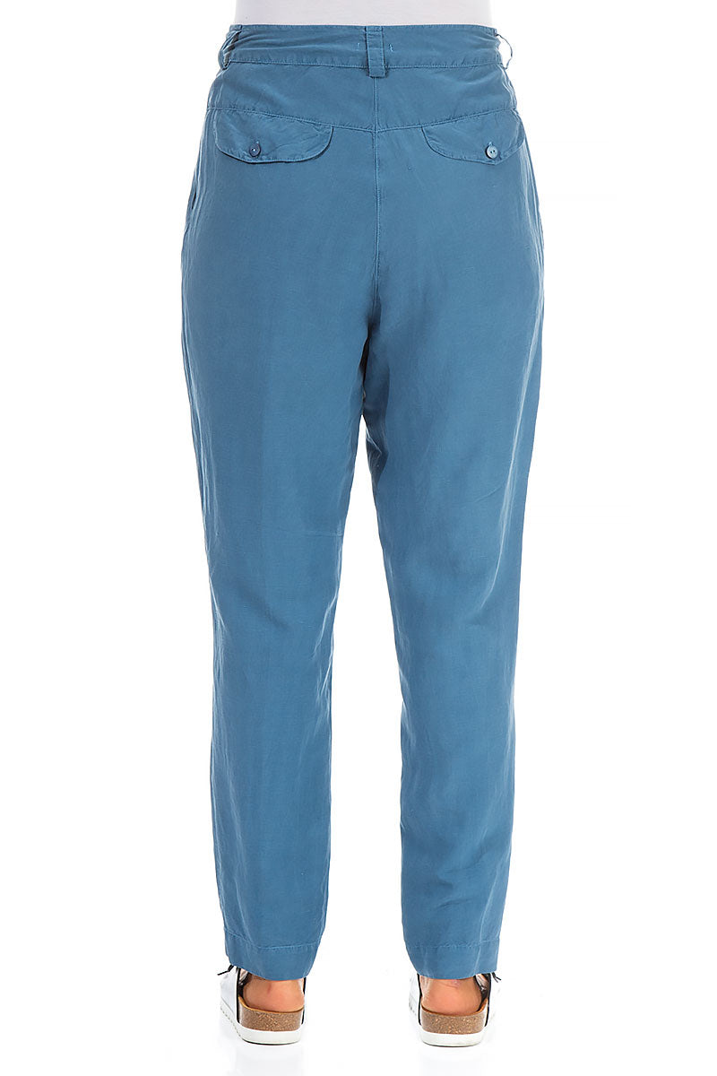 High Waist Atlantic Blue Silk Linen Trousers