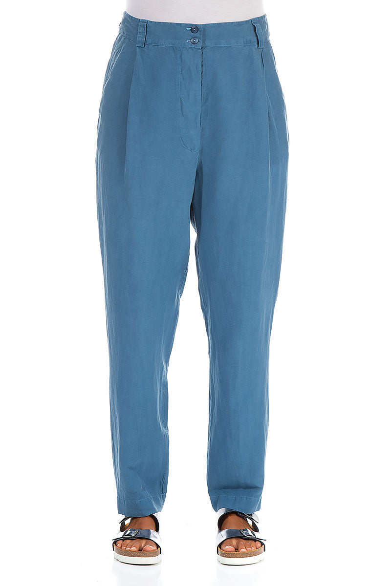 High Waist Atlantic Blue Silk Linen Trousers