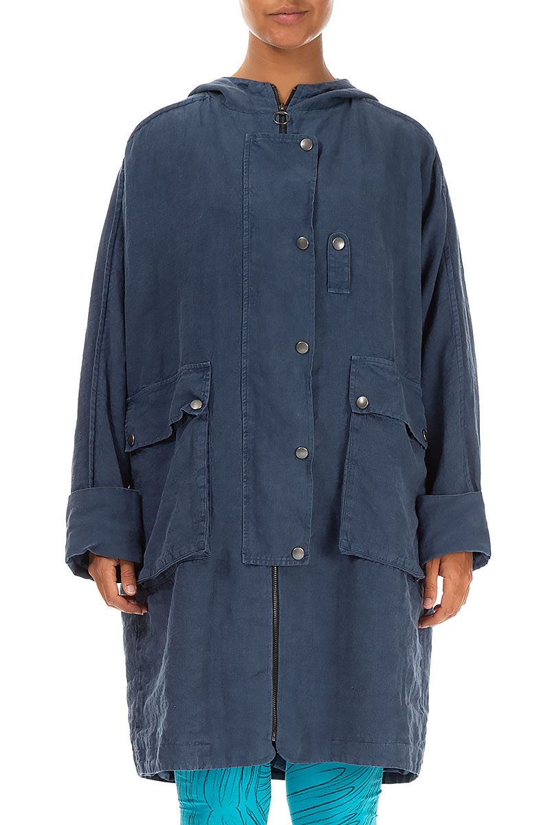 Hooded Back Pocket Denim Blue Linen Jacket