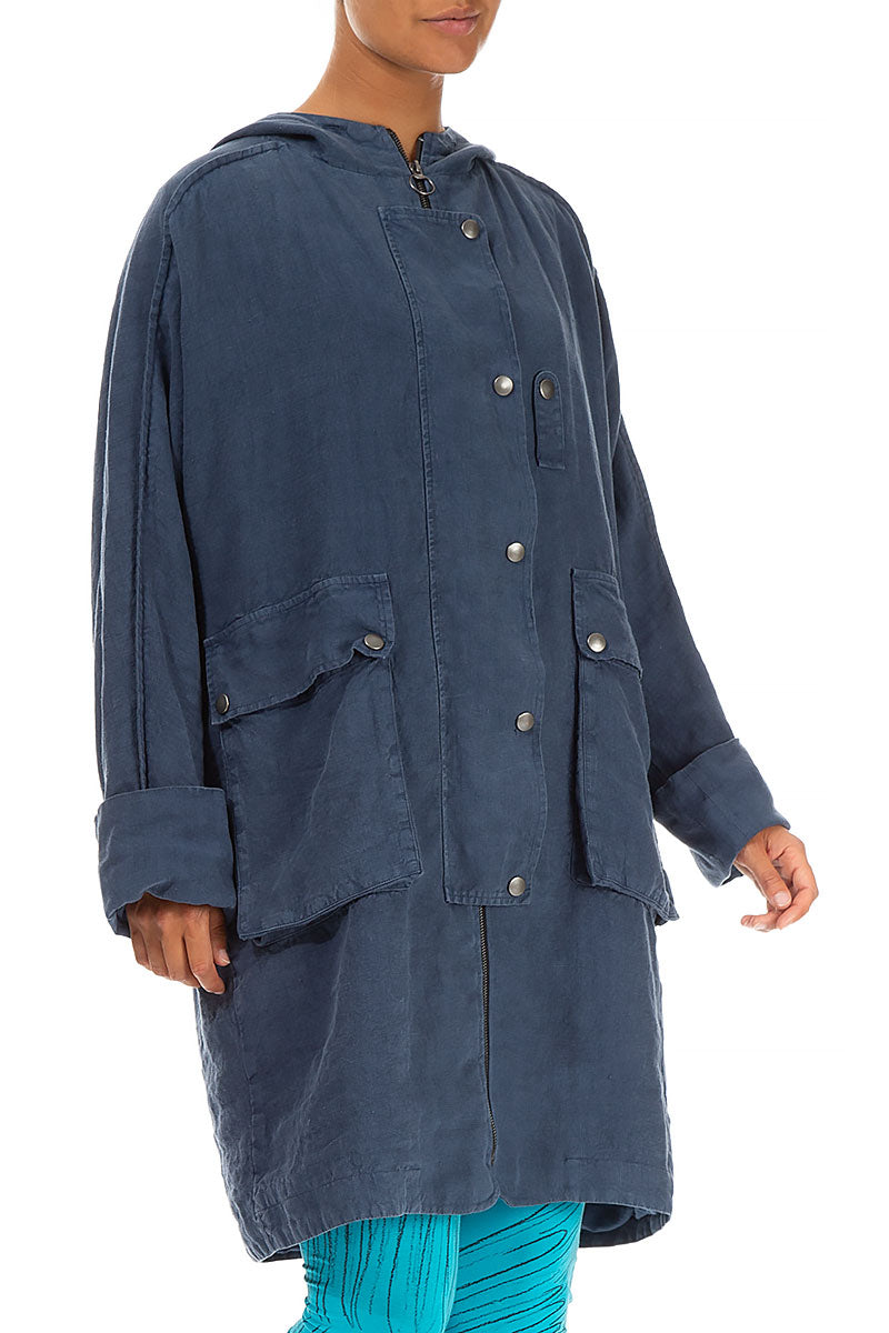 Hooded Back Pocket Denim Blue Linen Jacket