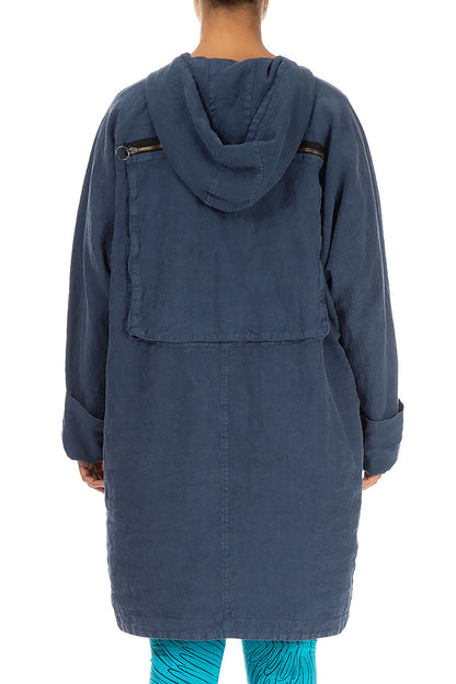 Hooded Back Pocket Denim Blue Linen Jacket