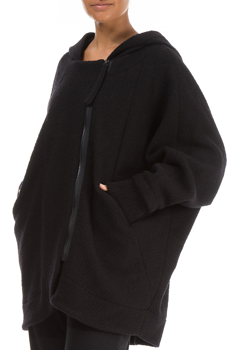 Hooded Black Plush Wool Cotton Zip Jacket