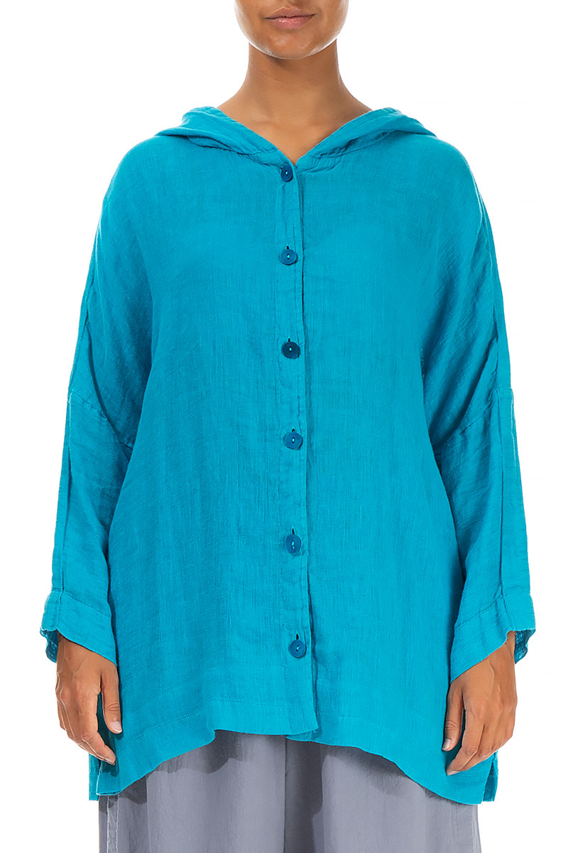 Hooded Bright Turquoise Gauze Linen Jacket