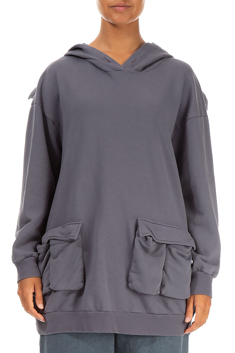 Hooded Four Pockets Storm Grey Cotton Jumper