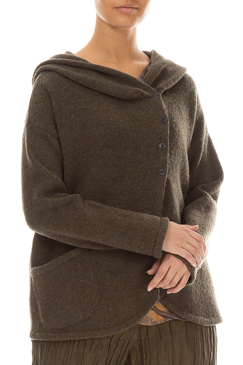 Hooded Khaki Wool Cardigan