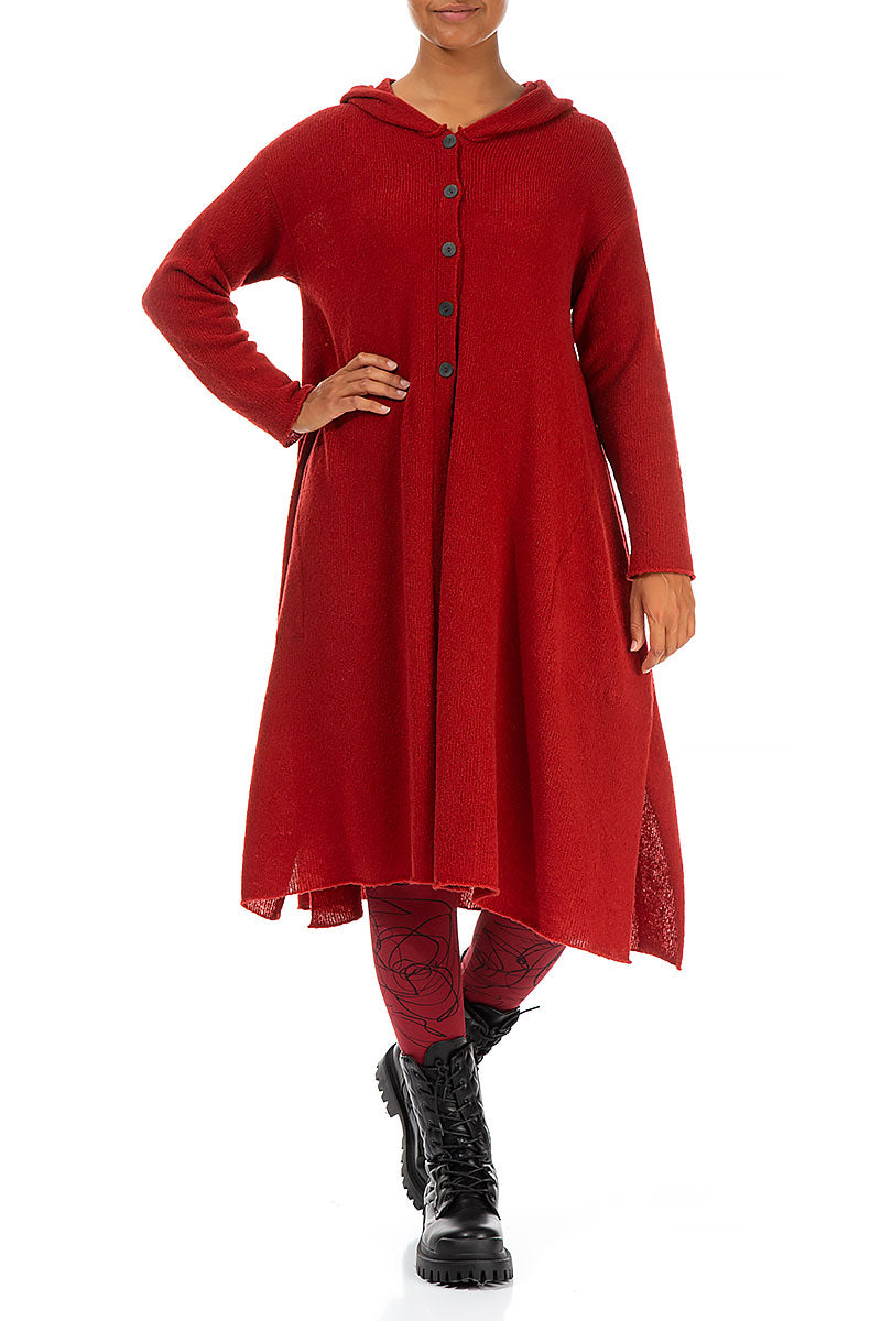 Hooded Red Wool Cardigan