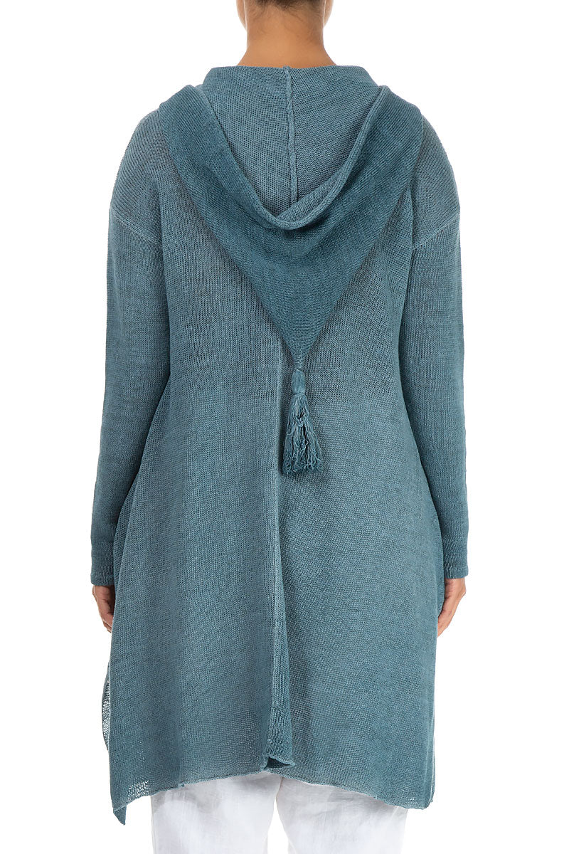 Hooded Washed Effect Ocean Linen Cardigan