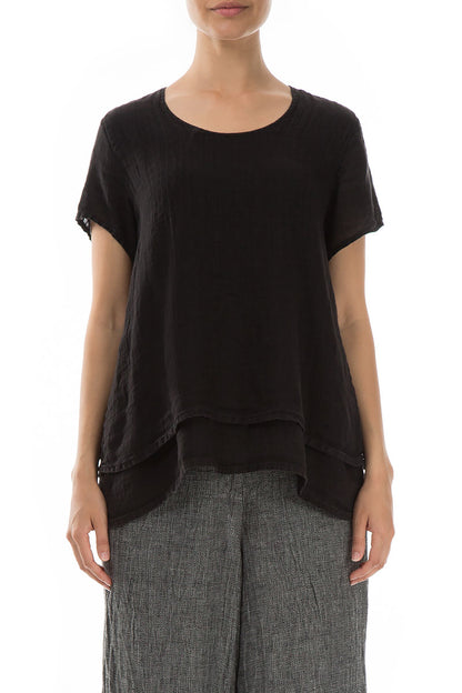 Evergreen Layered Black Linen Blouse