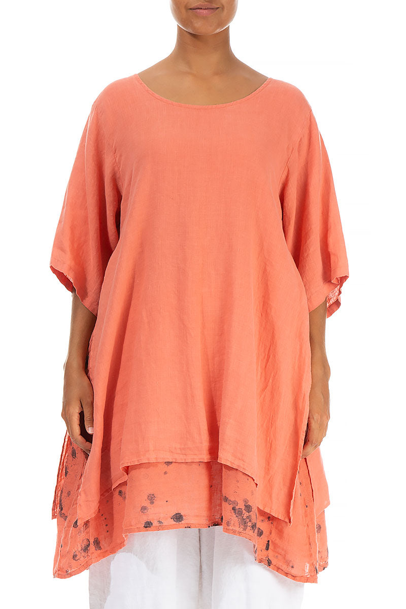 Layered Printed Coral Linen Tunic
