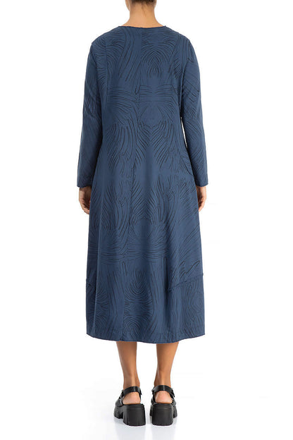 Long Feathers Denim Blue Cotton Dress