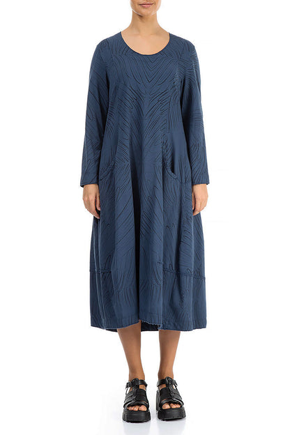 Long Feathers Denim Blue Cotton Dress