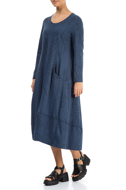 Long Feathers Denim Blue Cotton Dress