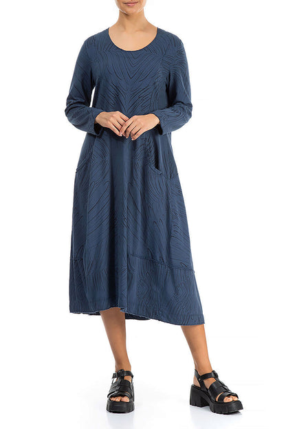 Long Feathers Denim Blue Cotton Dress