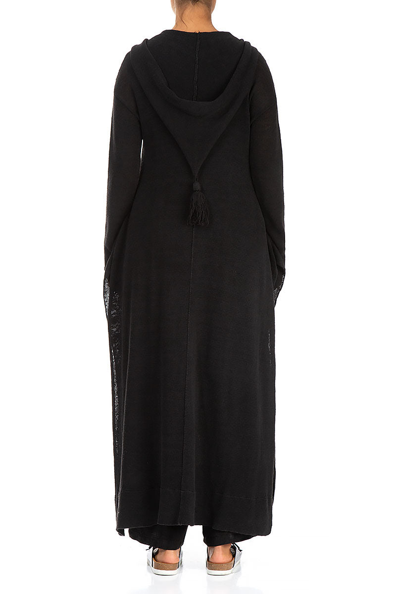 Long Hooded Black Linen Cardigan