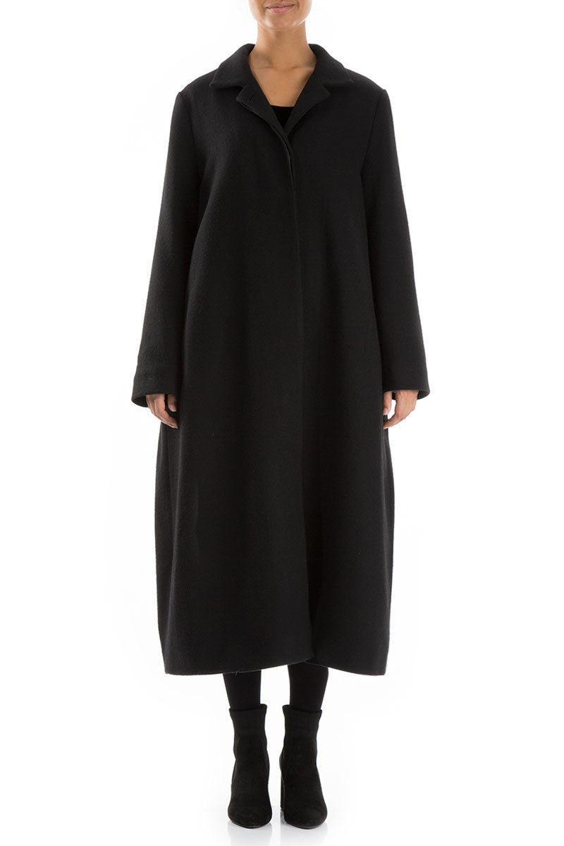 Flared Back Loose Black Wool Coat